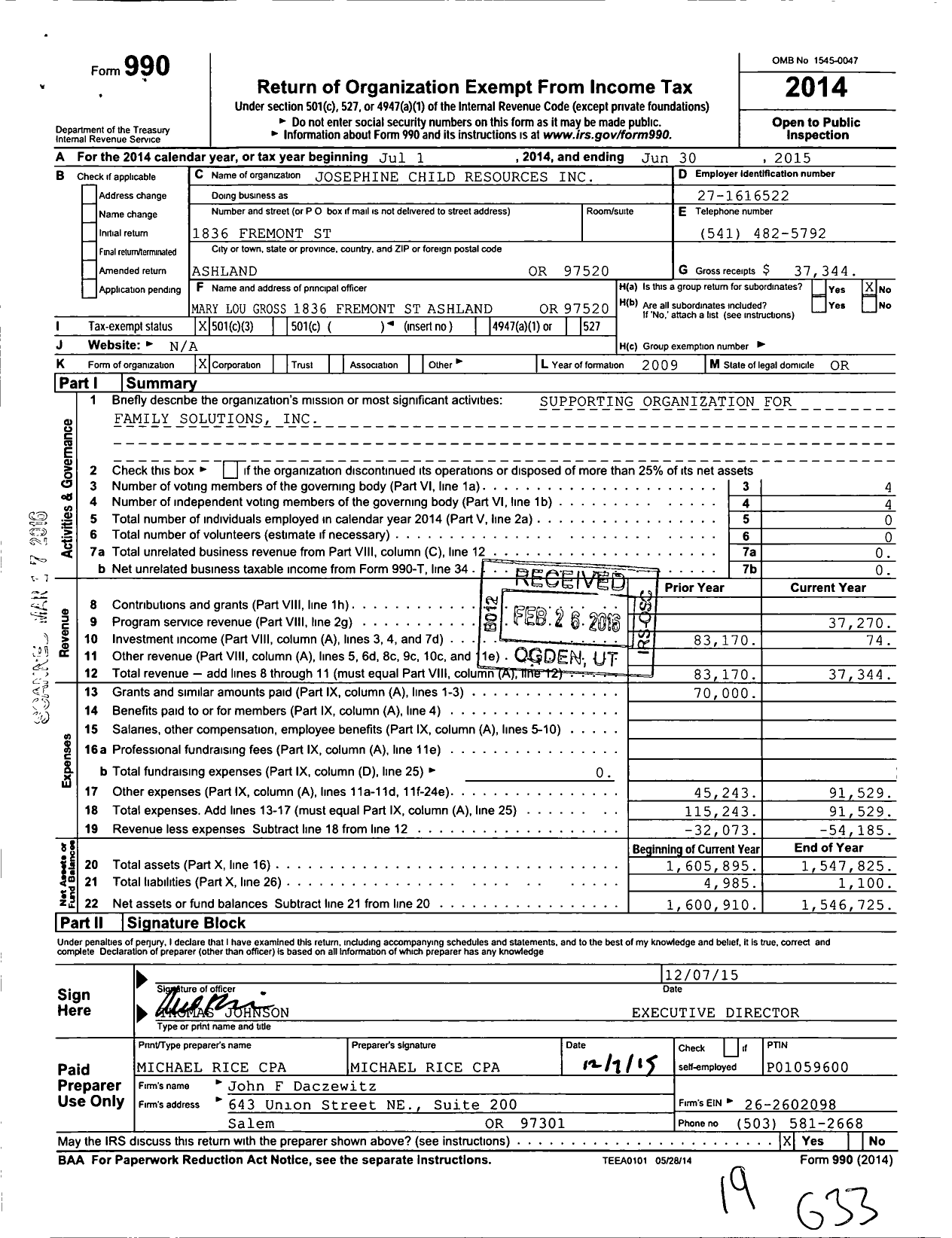 Image of first page of 2014 Form 990 for Josephine Child Resources