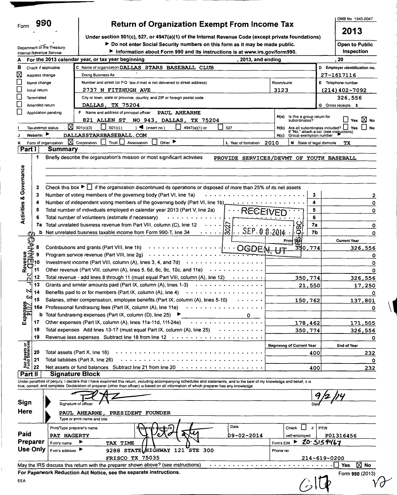 Image of first page of 2013 Form 990 for Dallas Stars Baseball Club