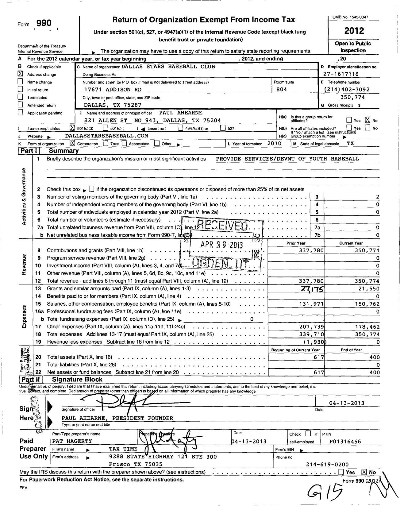 Image of first page of 2012 Form 990 for Dallas Stars Baseball Club