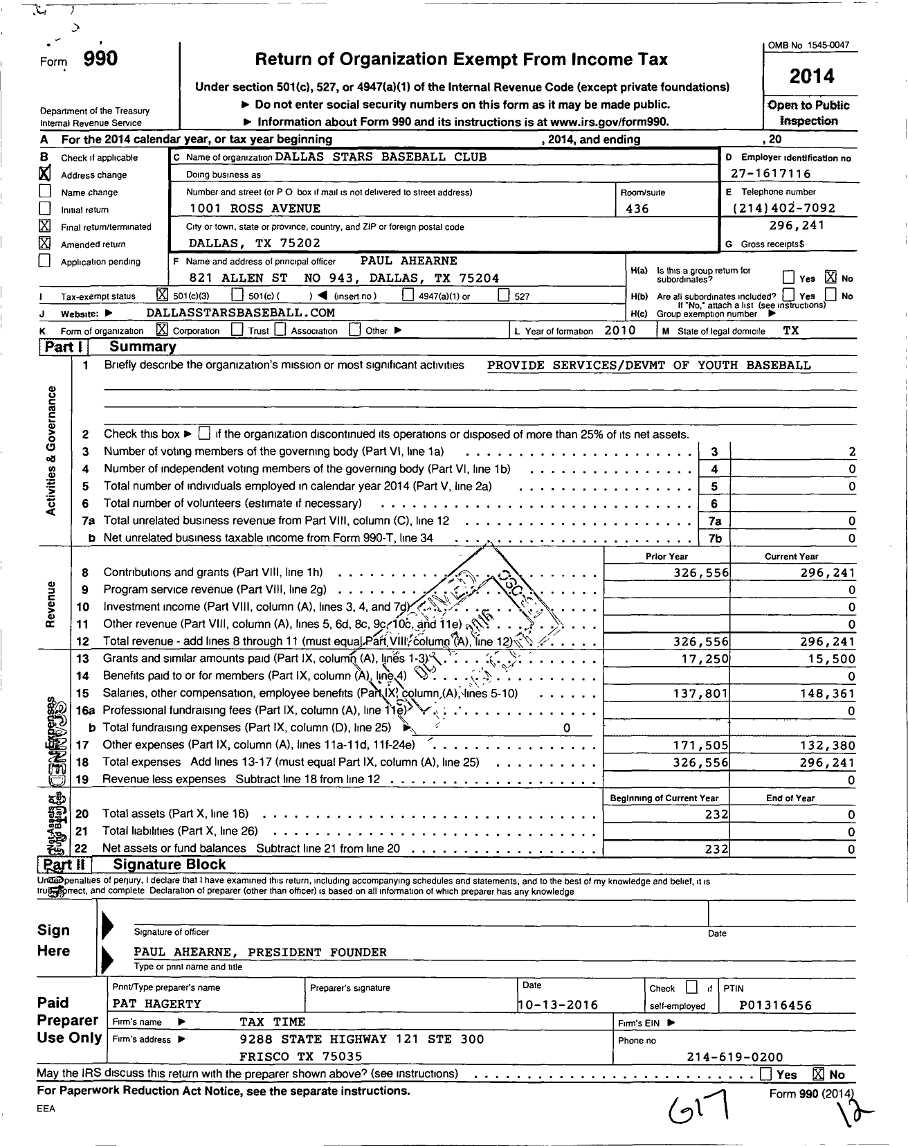 Image of first page of 2014 Form 990 for Dallas Stars Baseball Club