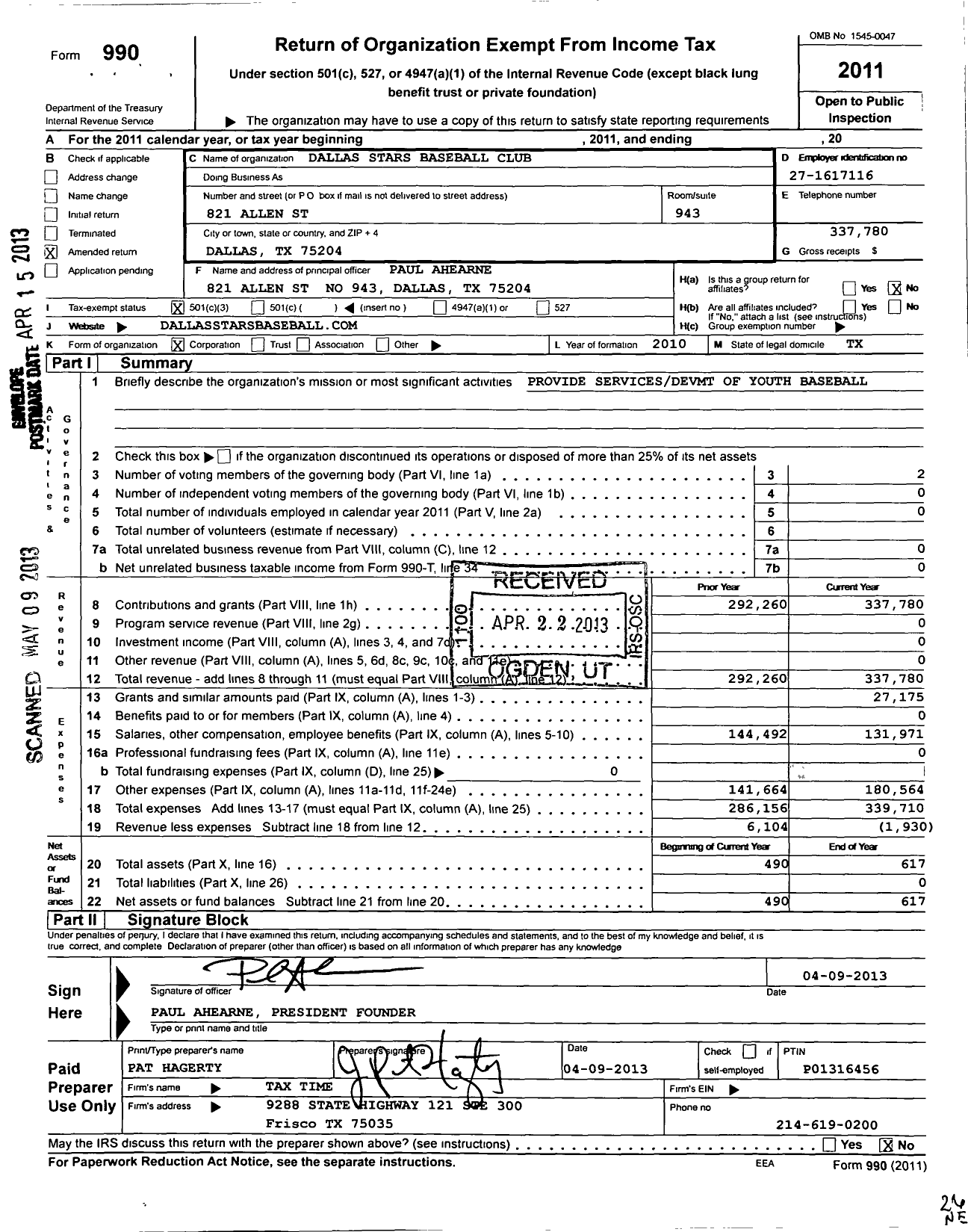 Image of first page of 2011 Form 990 for Dallas Stars Baseball Club