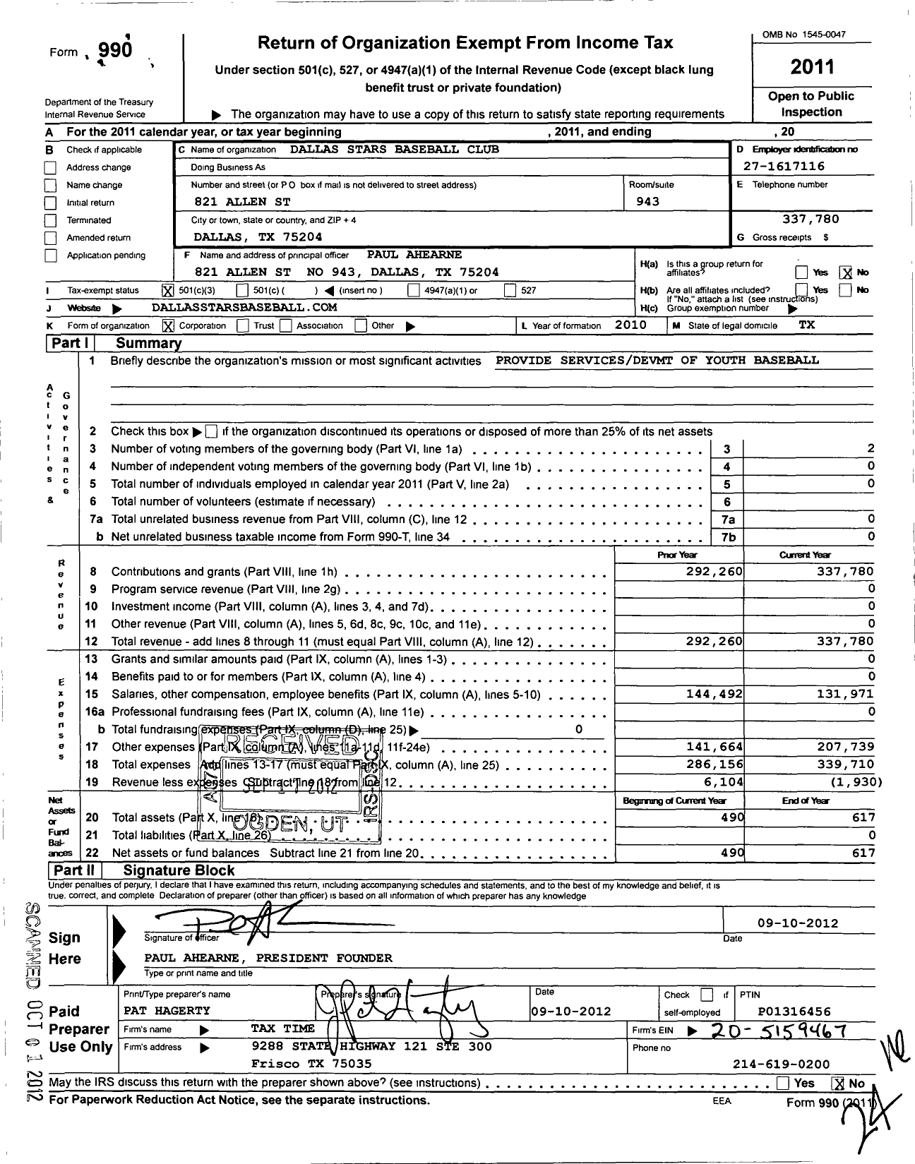 Image of first page of 2011 Form 990 for Dallas Stars Baseball Club