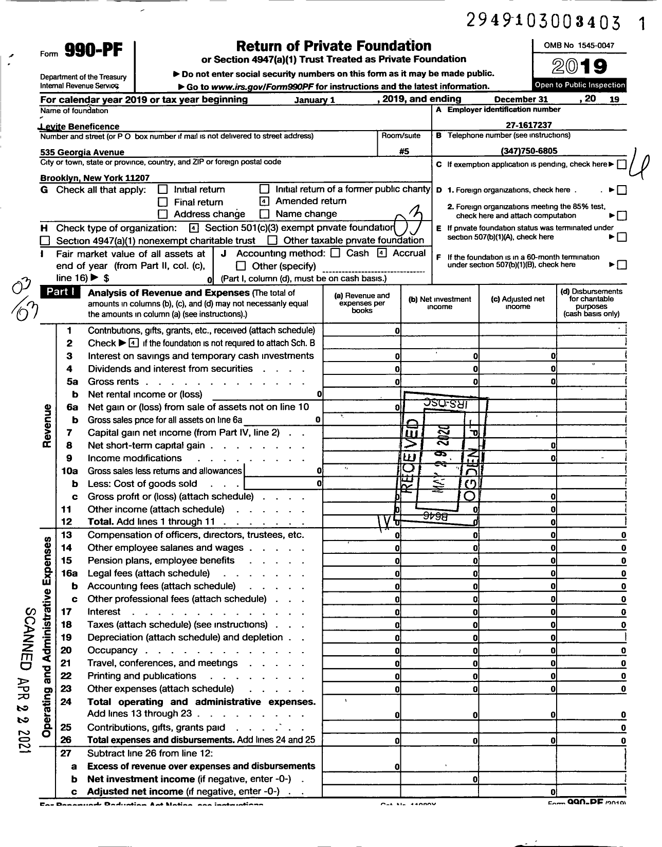 Image of first page of 2019 Form 990PF for Levite Beneficene