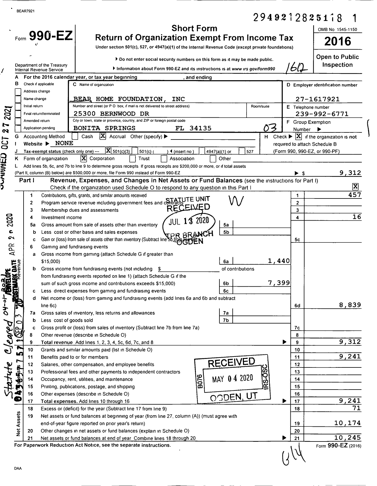 Image of first page of 2016 Form 990EZ for Bear Home Foundation