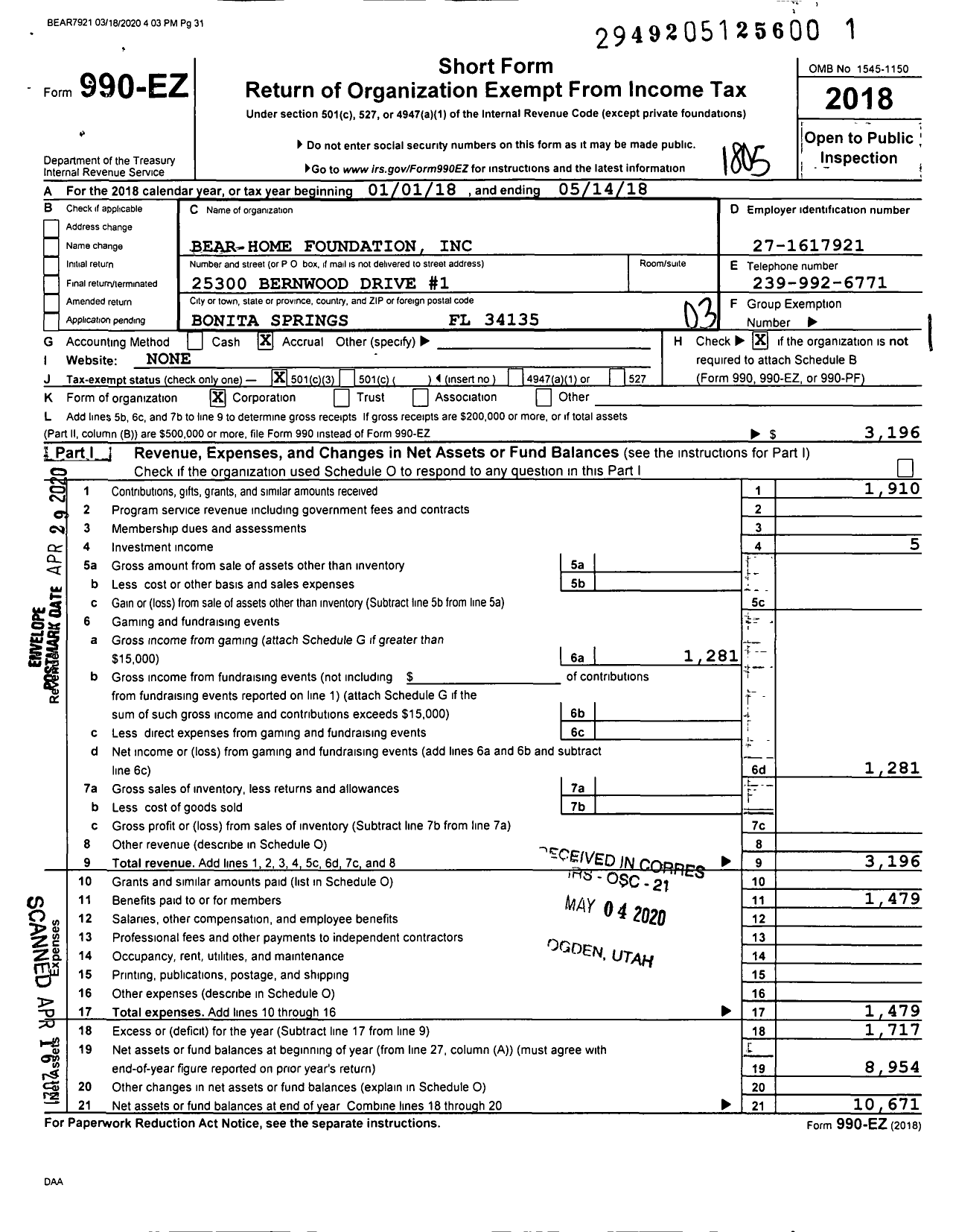 Image of first page of 2017 Form 990EZ for Bear Home Foundation