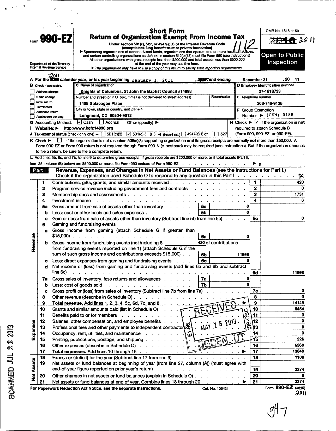 Image of first page of 2011 Form 990EO for Knights of Columbus - 14898 St John the Baptist Council