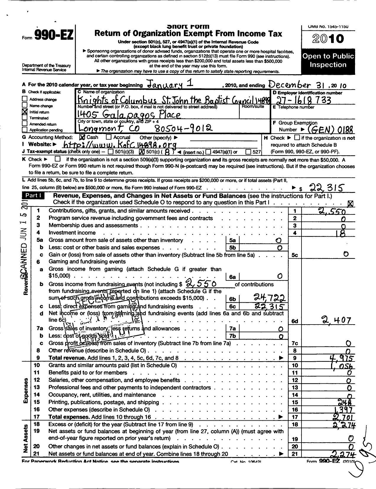 Image of first page of 2010 Form 990EO for Knights of Columbus - 14898 St John the Baptist Council