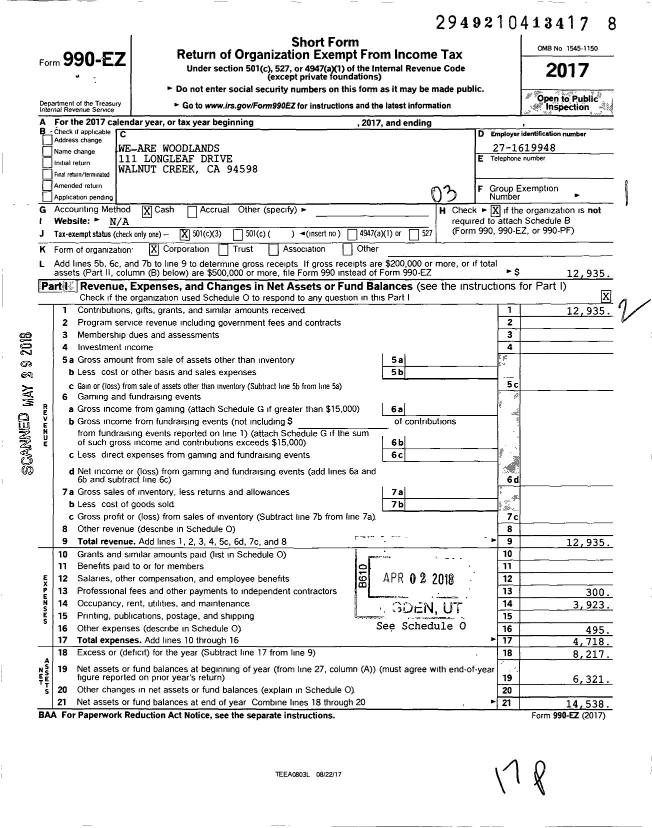 Image of first page of 2017 Form 990EZ for We Are Woodlands