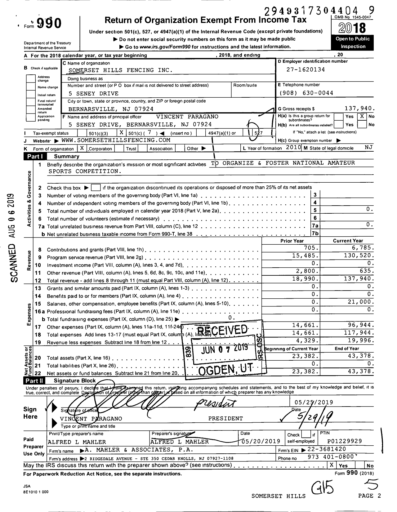 Image of first page of 2018 Form 990O for Somerset Hills Fencing Club