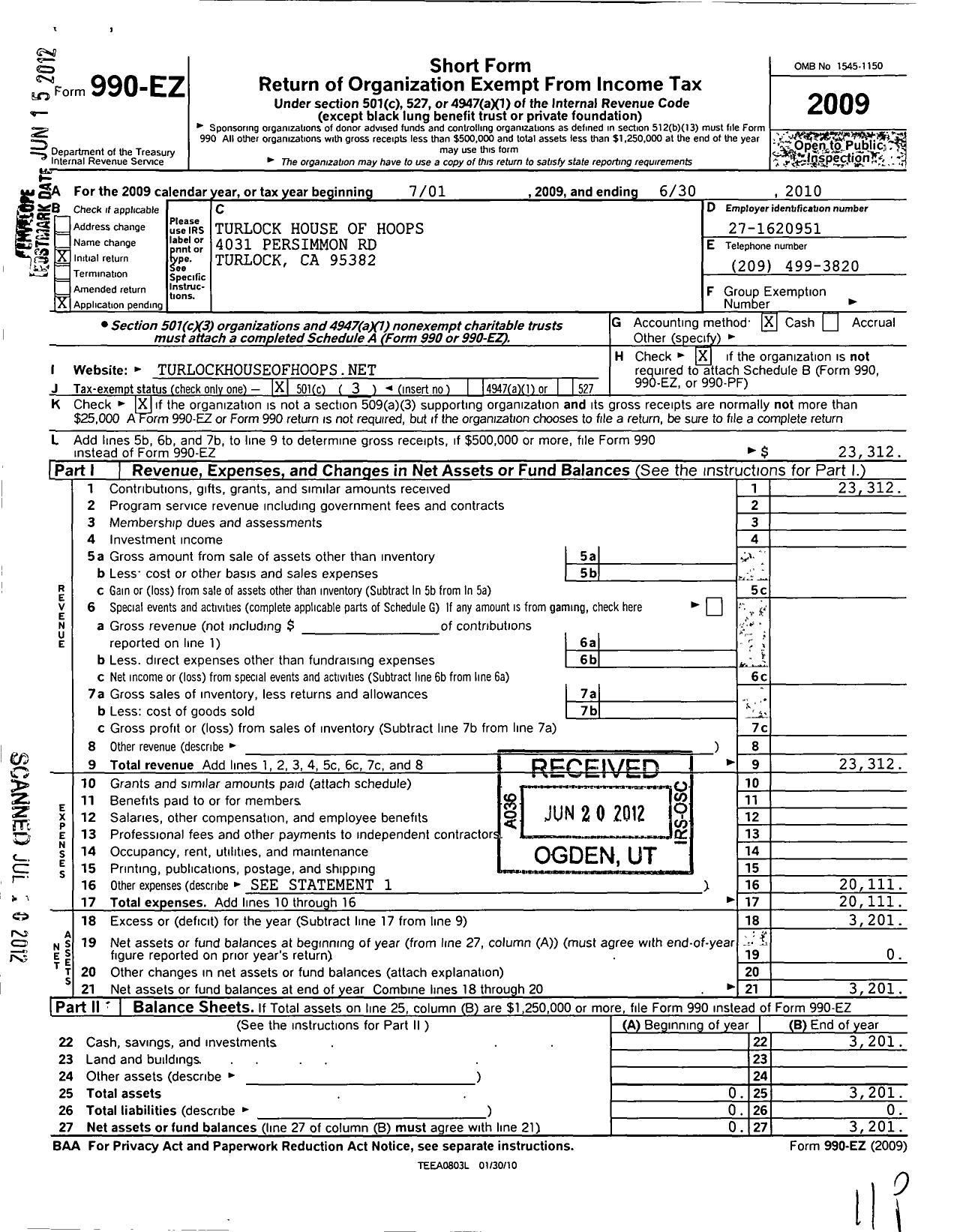 Image of first page of 2009 Form 990EZ for Turlock House of Hoops