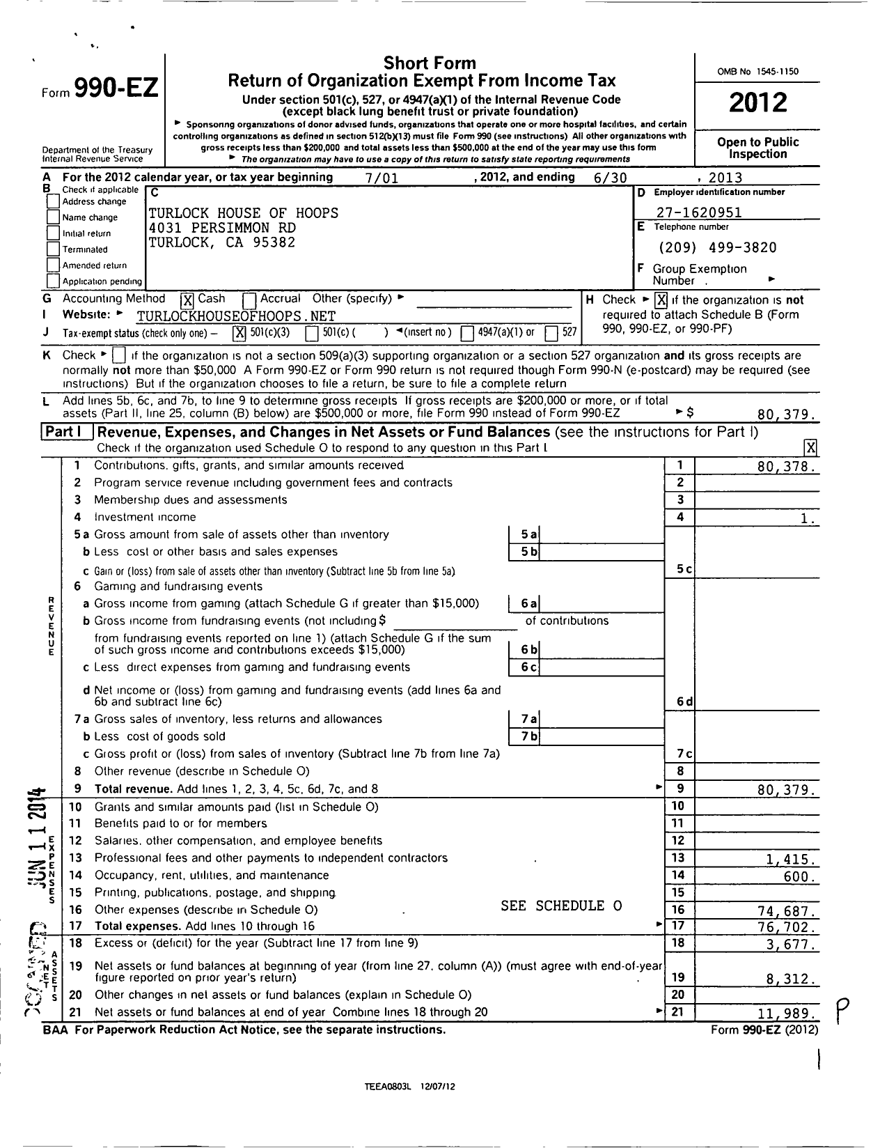 Image of first page of 2012 Form 990EZ for Turlock House of Hoops