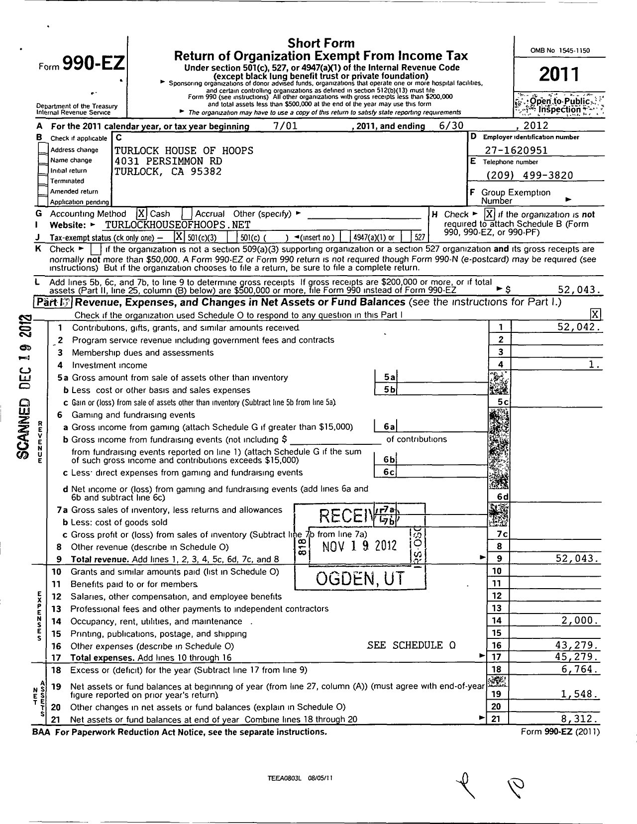 Image of first page of 2011 Form 990EZ for Turlock House of Hoops