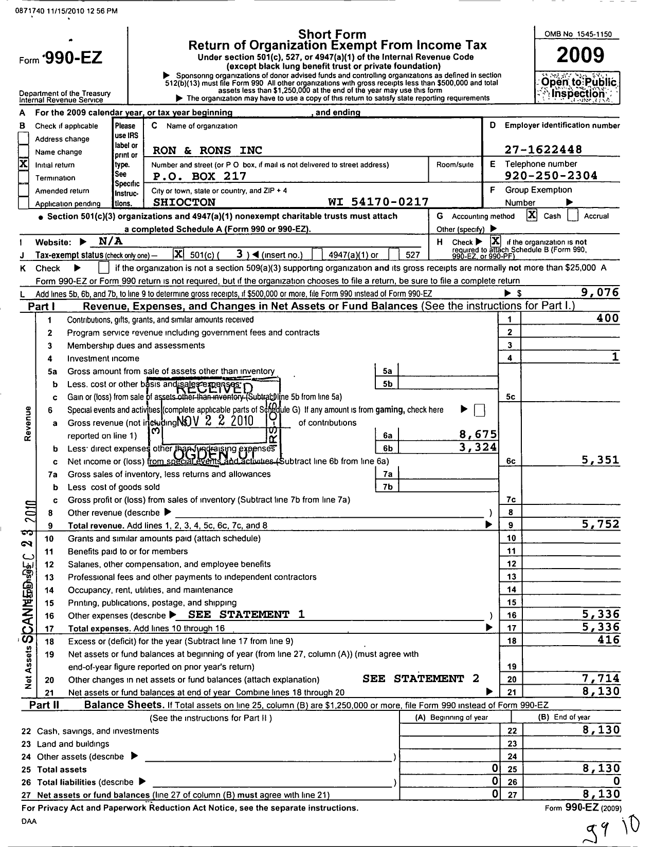 Image of first page of 2009 Form 990EZ for Ron and Rons
