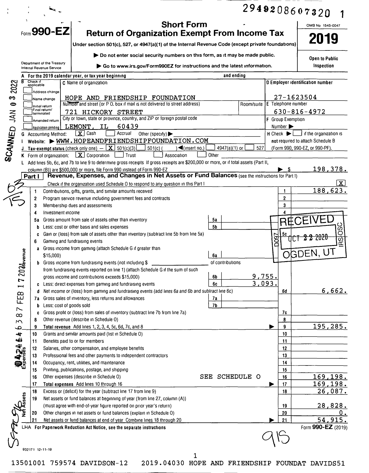 Image of first page of 2019 Form 990EZ for Hope and Friendship Ministries