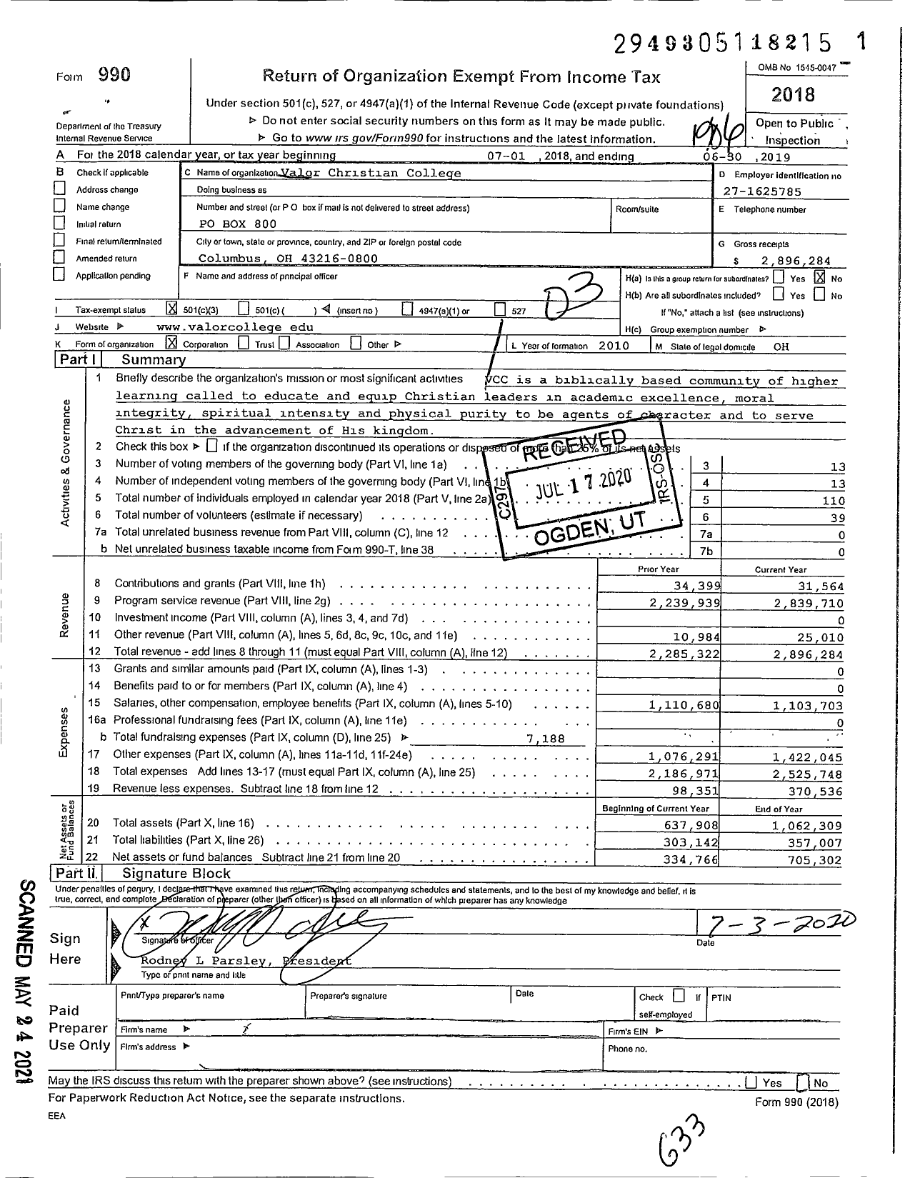 Image of first page of 2018 Form 990 for Valor Christian College