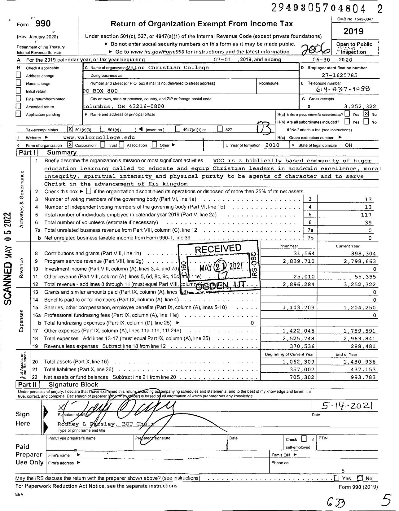 Image of first page of 2019 Form 990 for Valor Christian College