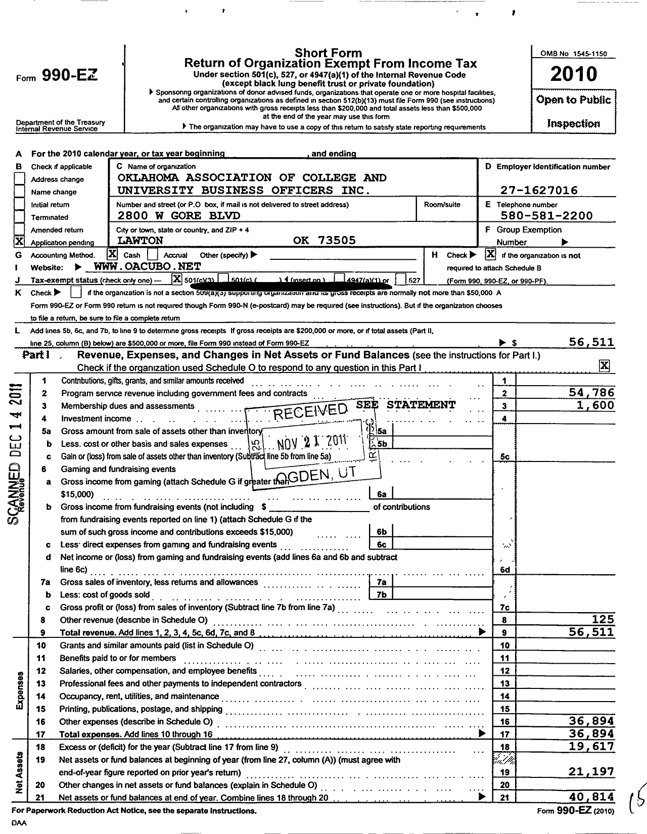 Image of first page of 2010 Form 990EZ for Oklahoma Association of College and University Business Officers