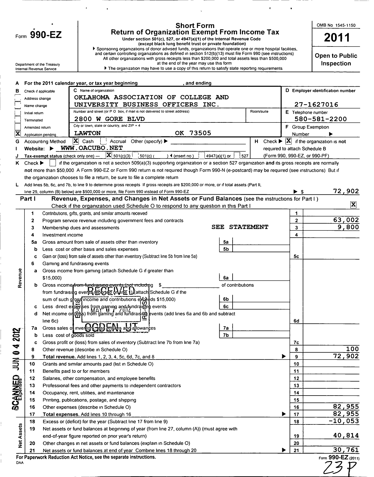 Image of first page of 2011 Form 990EZ for Oklahoma Association of College and University Business Officers