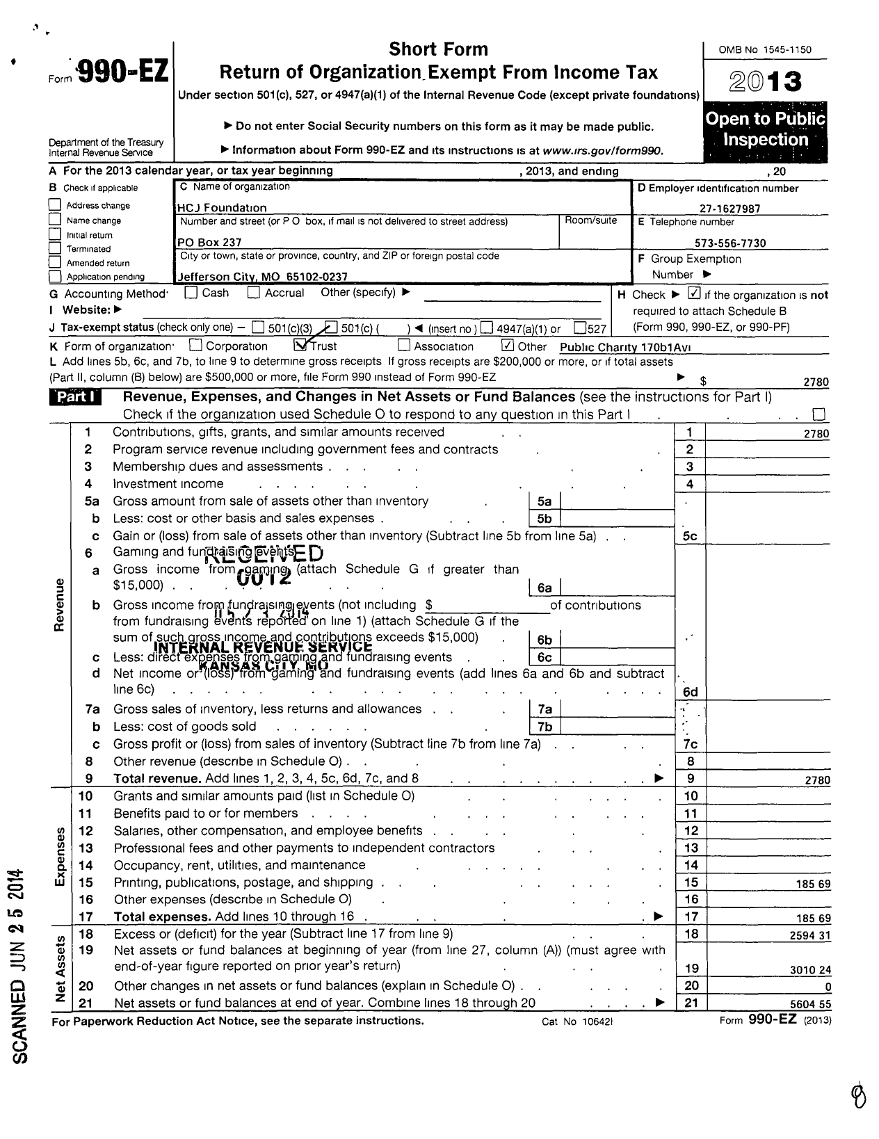 Image of first page of 2013 Form 990EO for HCJ Foundation