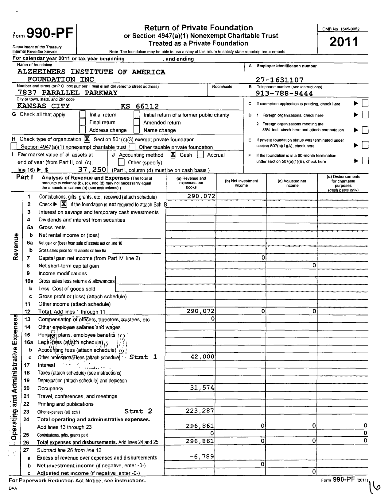 Image of first page of 2011 Form 990PF for Alzheimers Institute of America Foundation