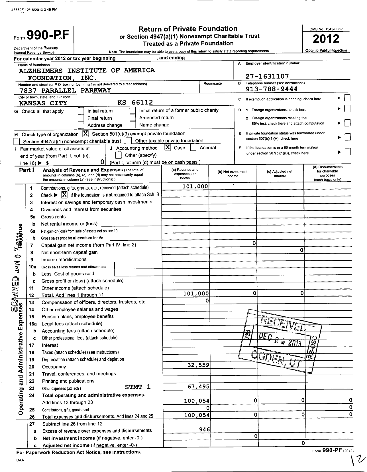 Image of first page of 2012 Form 990PF for Alzheimers Institute of America Foundation