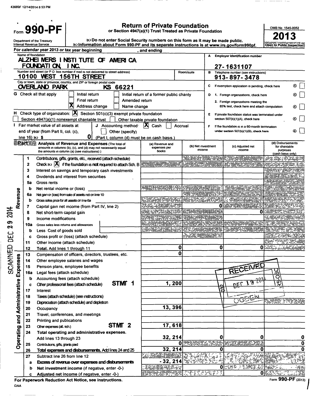 Image of first page of 2013 Form 990PF for Alzheimers Institute of America Foundation