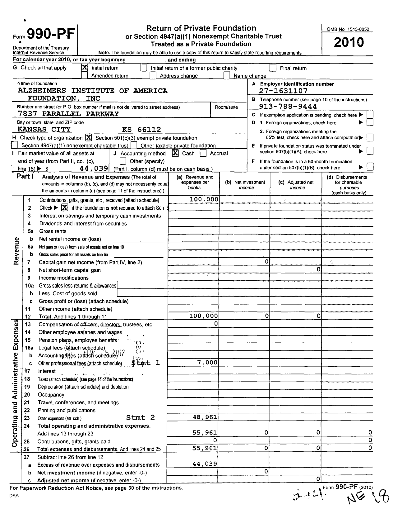 Image of first page of 2010 Form 990PF for Alzheimers Institute of America Foundation