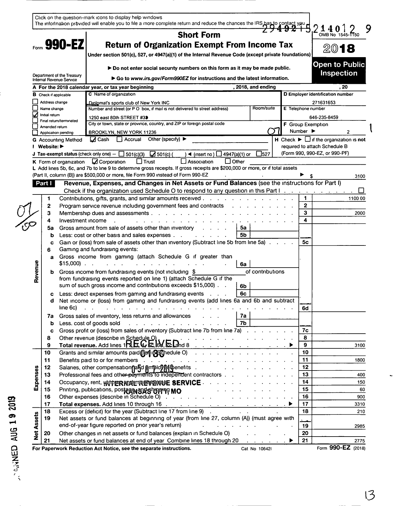 Image of first page of 2018 Form 990EO for Diplomats Sports Club