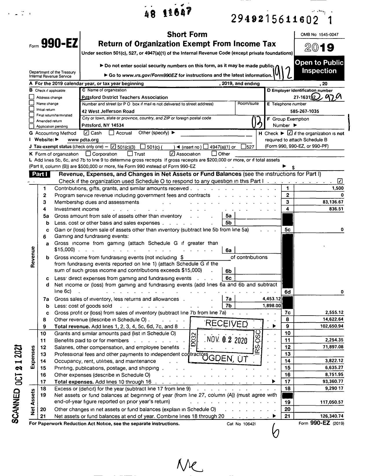 Image of first page of 2019 Form 990EZ for American Federation of Teachers - 2929 Pittsford District Teachers As