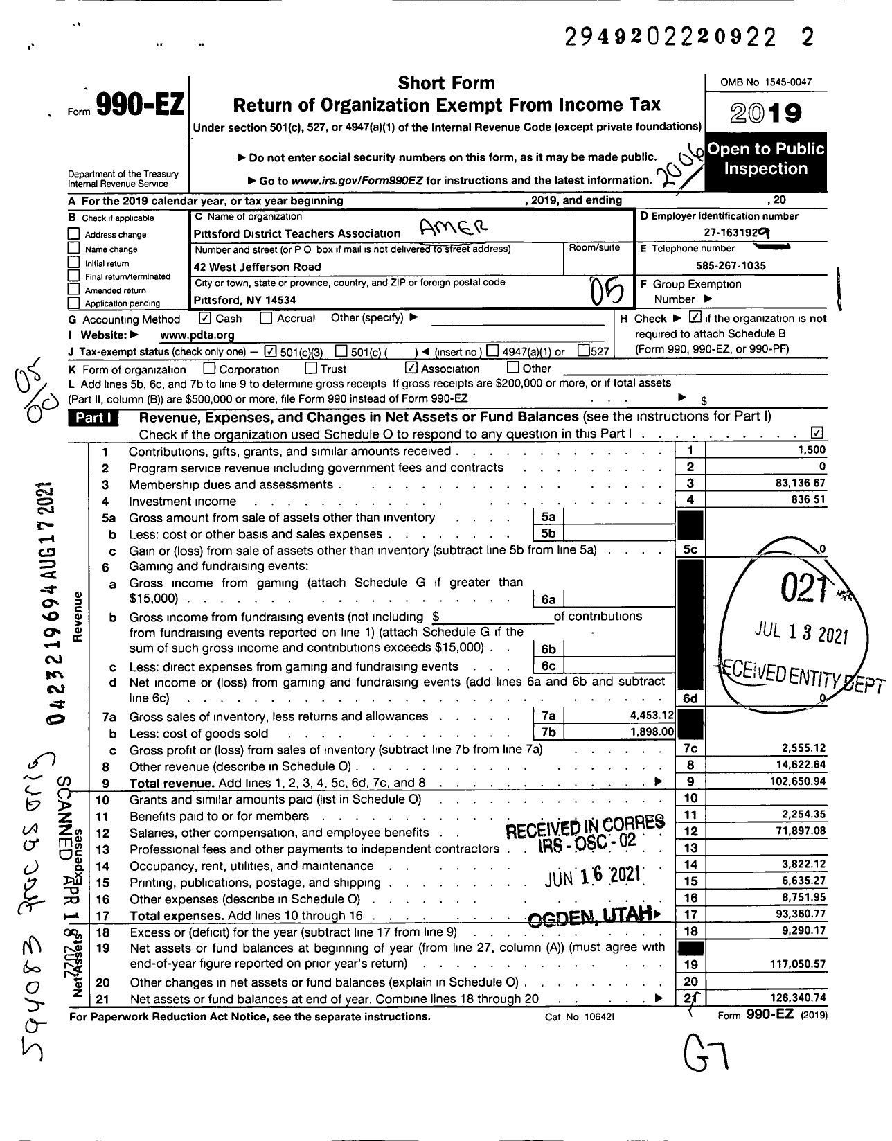 Image of first page of 2019 Form 990EO for American Federation of Teachers - 2929 Pittsford District Teachers As