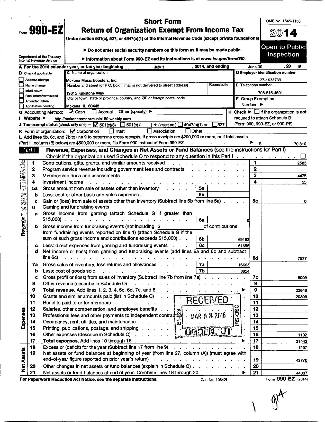 Image of first page of 2014 Form 990EZ for Mokena Music Boosters