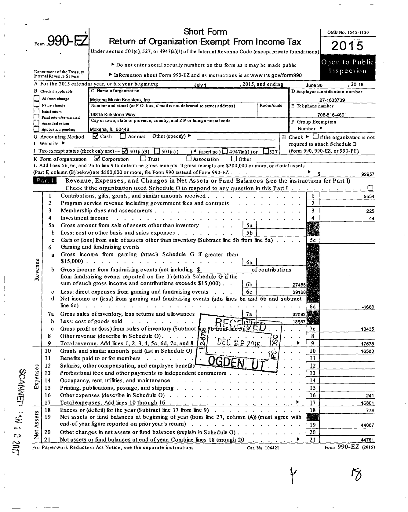 Image of first page of 2015 Form 990EZ for Mokena Music Boosters