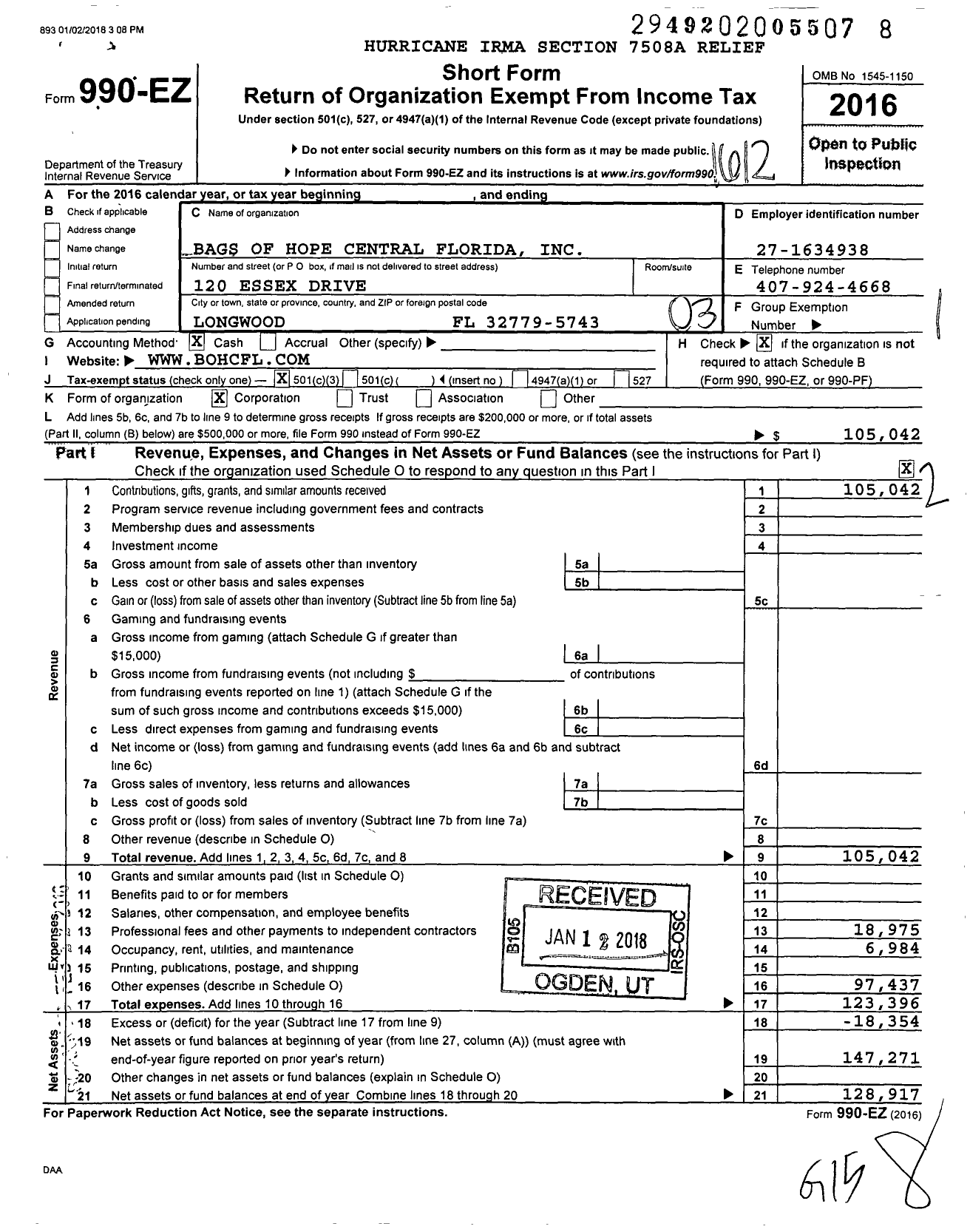 Image of first page of 2016 Form 990EZ for Bags of Hope Central Florida