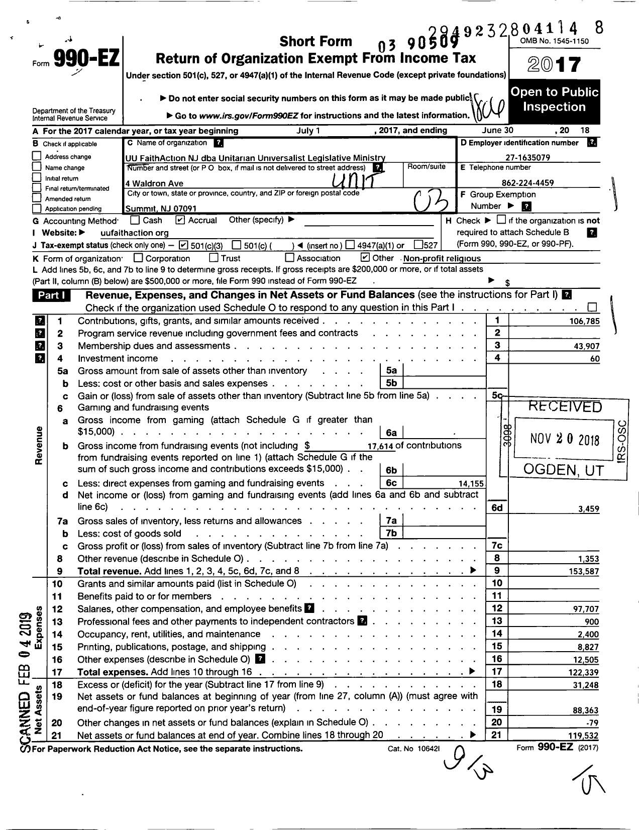 Image of first page of 2017 Form 990EZ for UUFaithActionNJ
