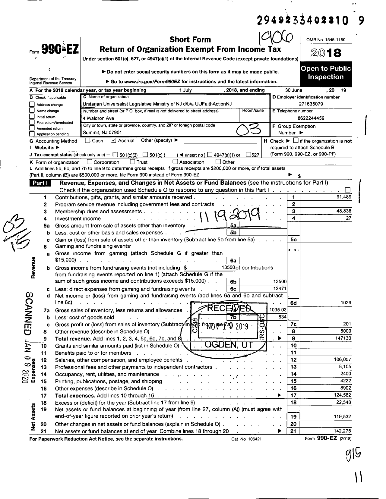 Image of first page of 2018 Form 990EZ for UUFaithActionNJ