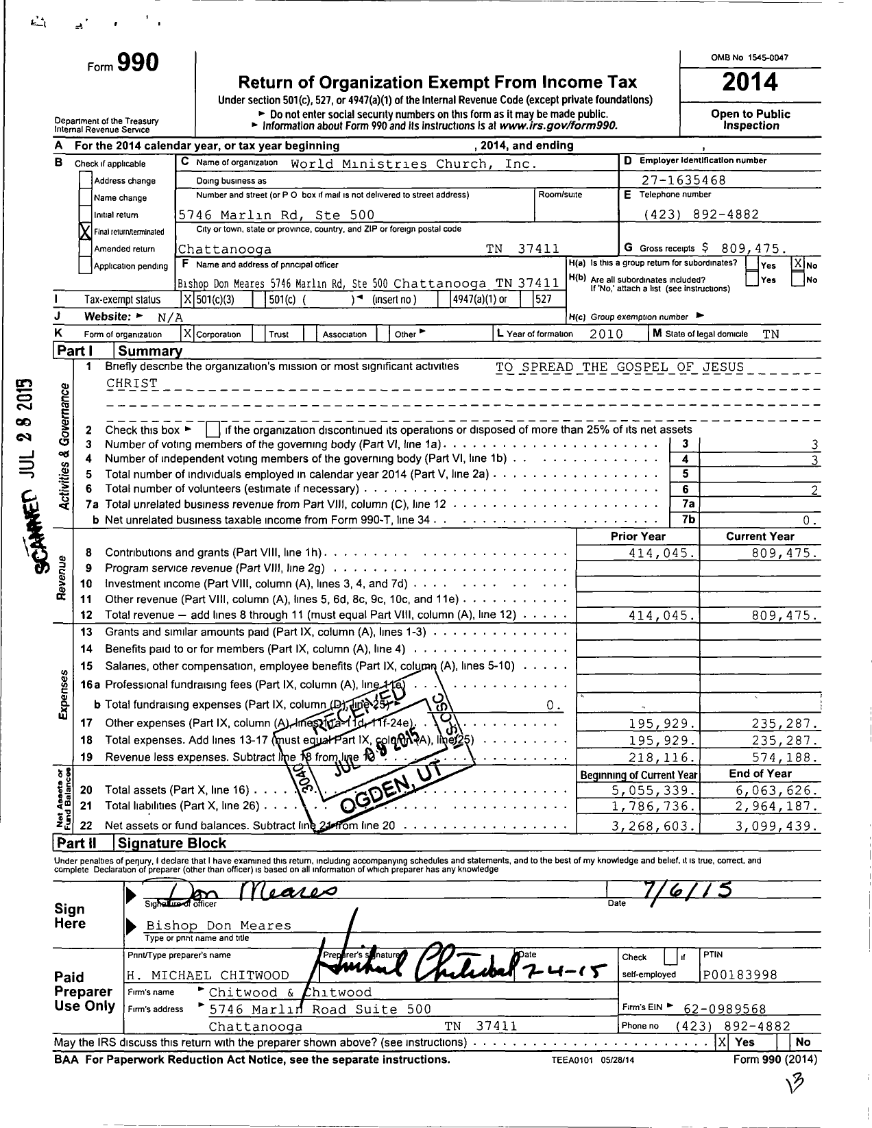 Image of first page of 2014 Form 990 for World Ministries Church