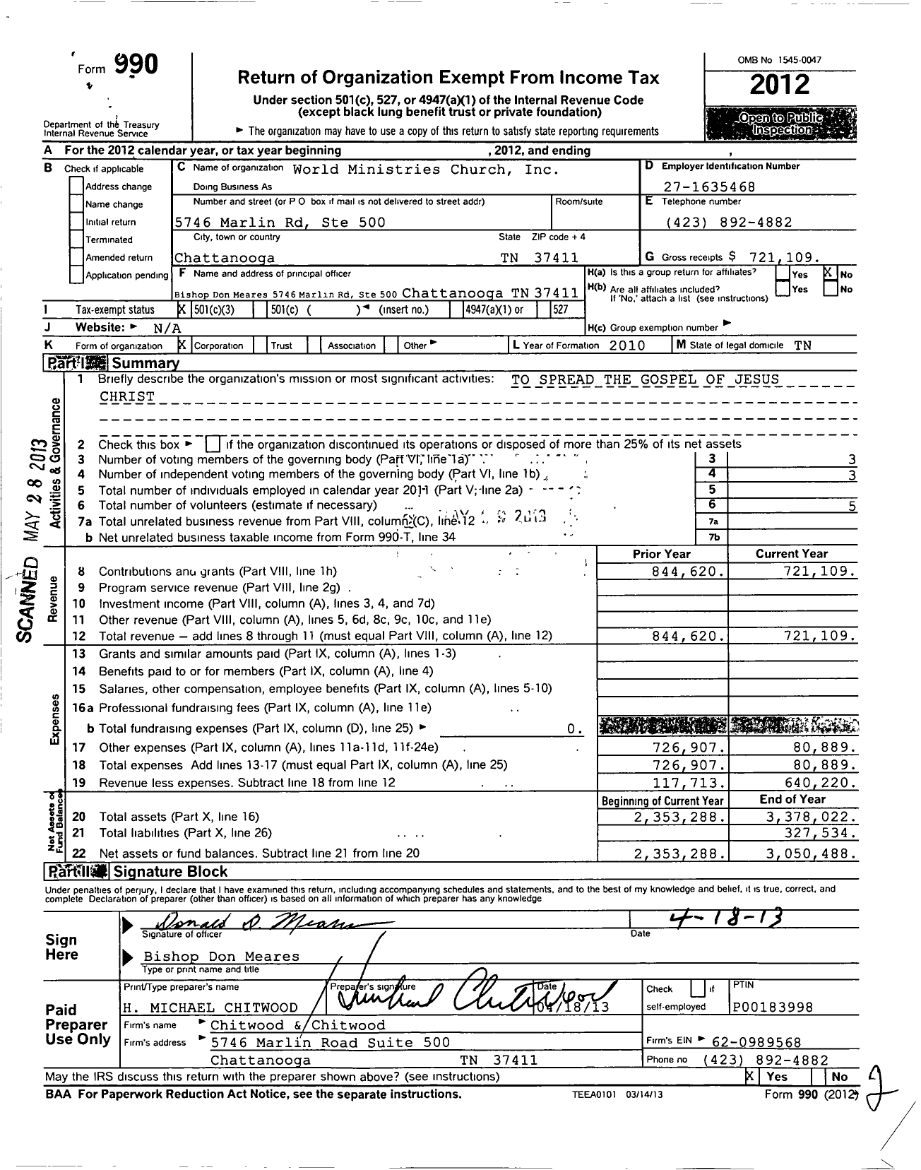 Image of first page of 2012 Form 990 for World Ministries Church