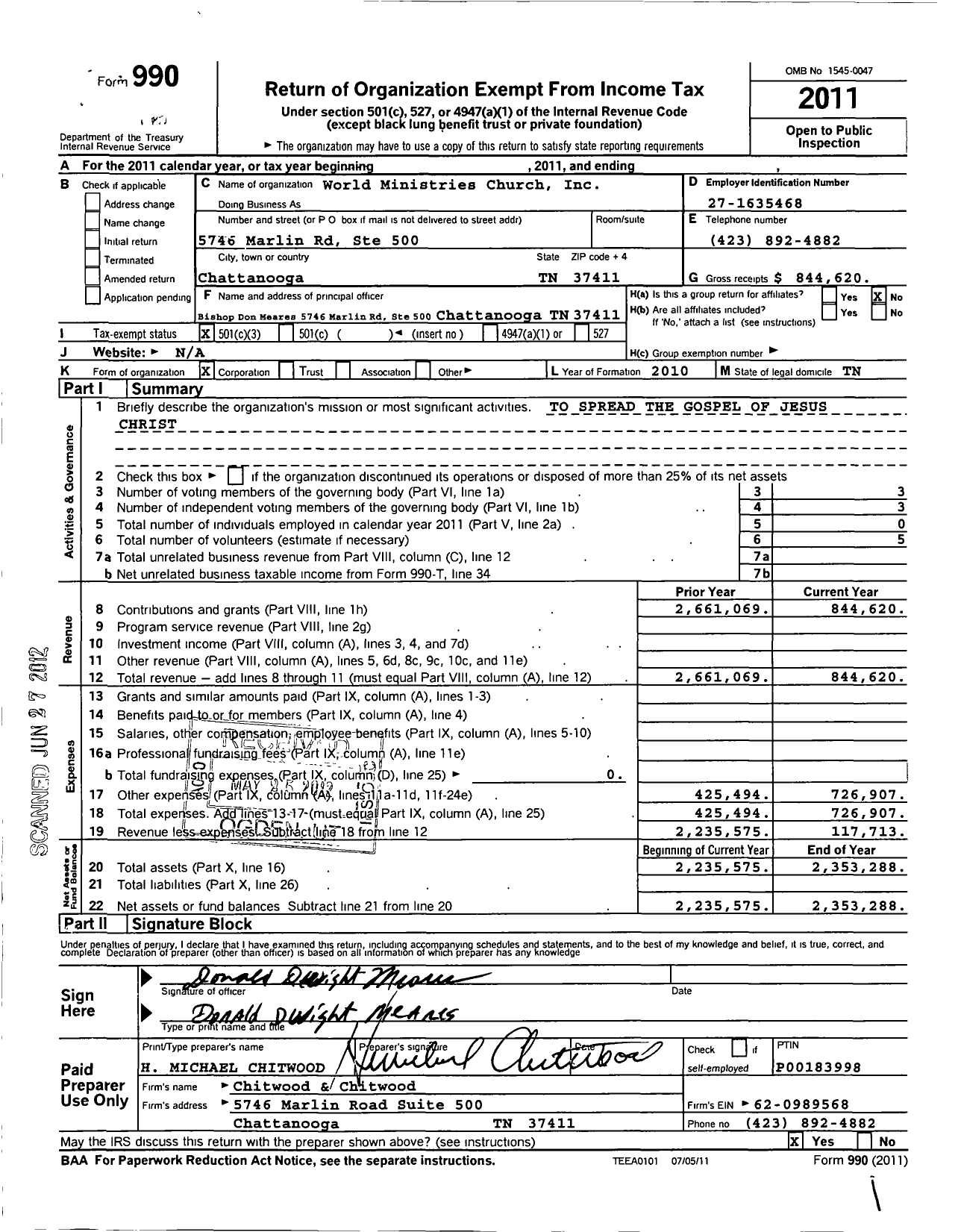 Image of first page of 2011 Form 990 for World Ministries Church