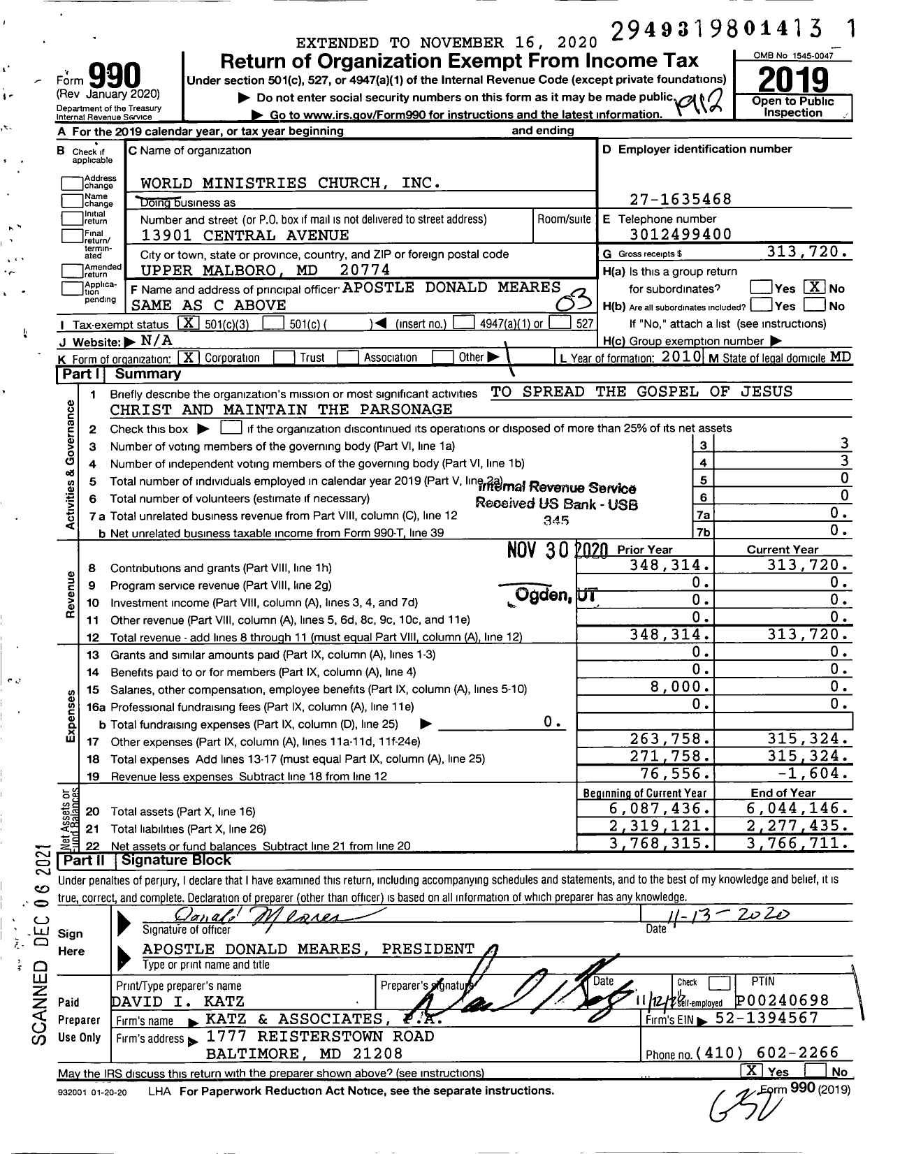 Image of first page of 2019 Form 990 for World Ministries Church