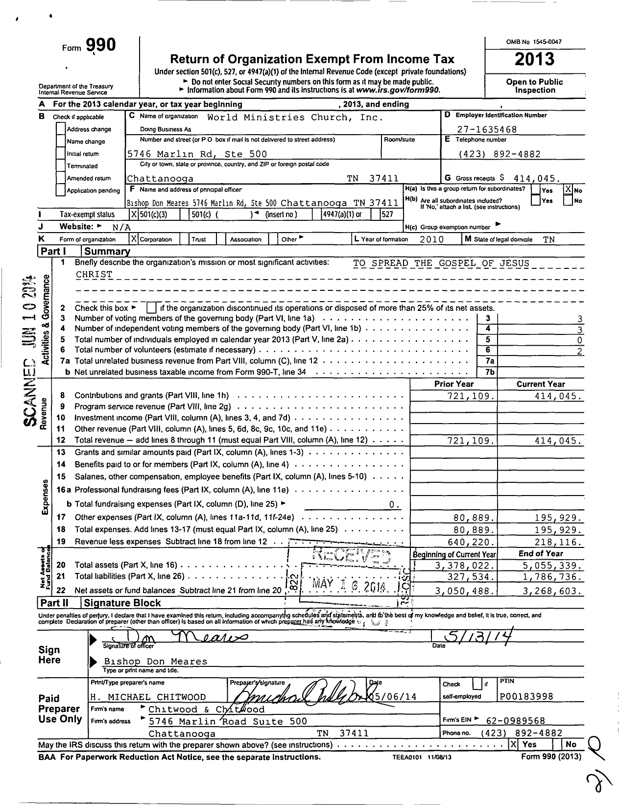 Image of first page of 2013 Form 990 for World Ministries Church