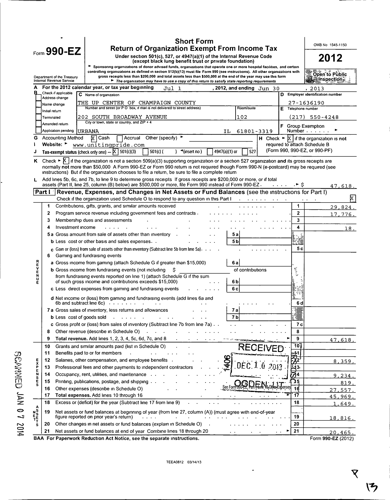 Image of first page of 2012 Form 990EZ for The Up Center of Champaign County