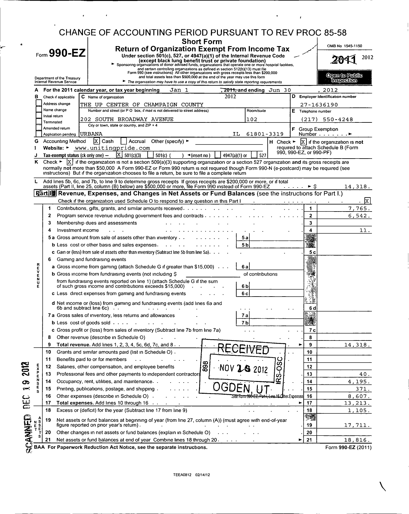 Image of first page of 2011 Form 990EZ for The Up Center of Champaign County