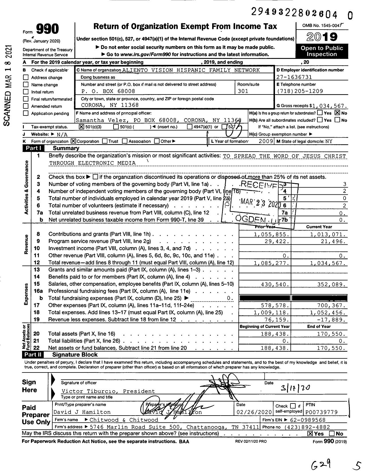 Image of first page of 2019 Form 990 for Aliento Vision Hispanic Family Network