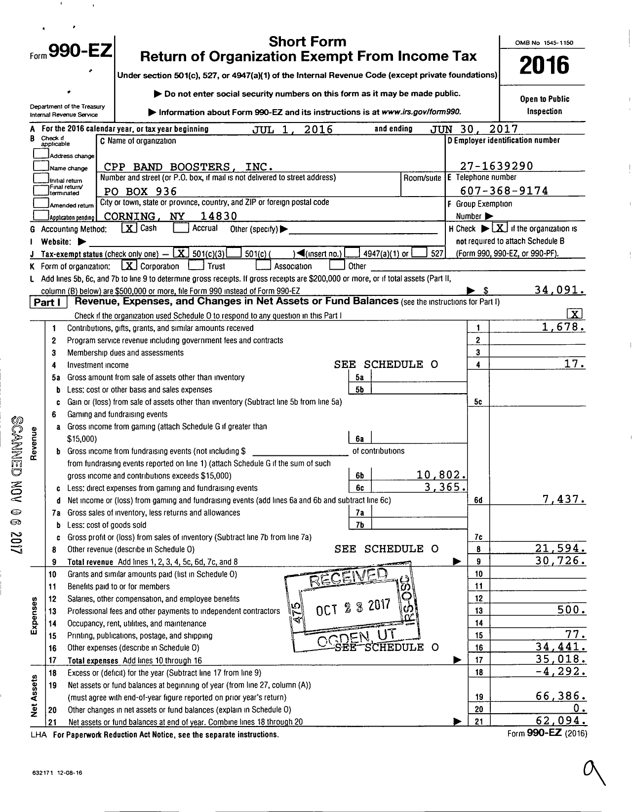 Image of first page of 2016 Form 990EZ for CPP Band Boosters