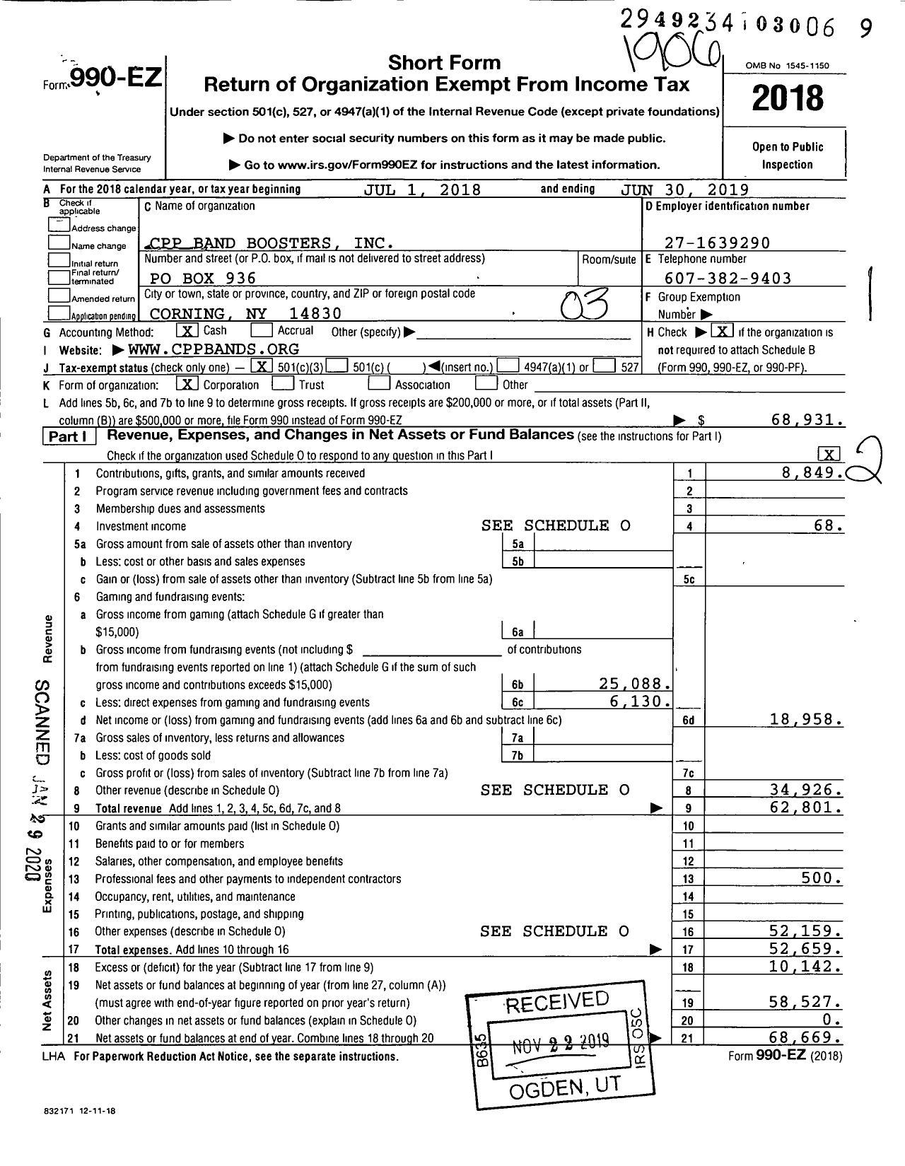 Image of first page of 2018 Form 990EZ for CPP Band Boosters