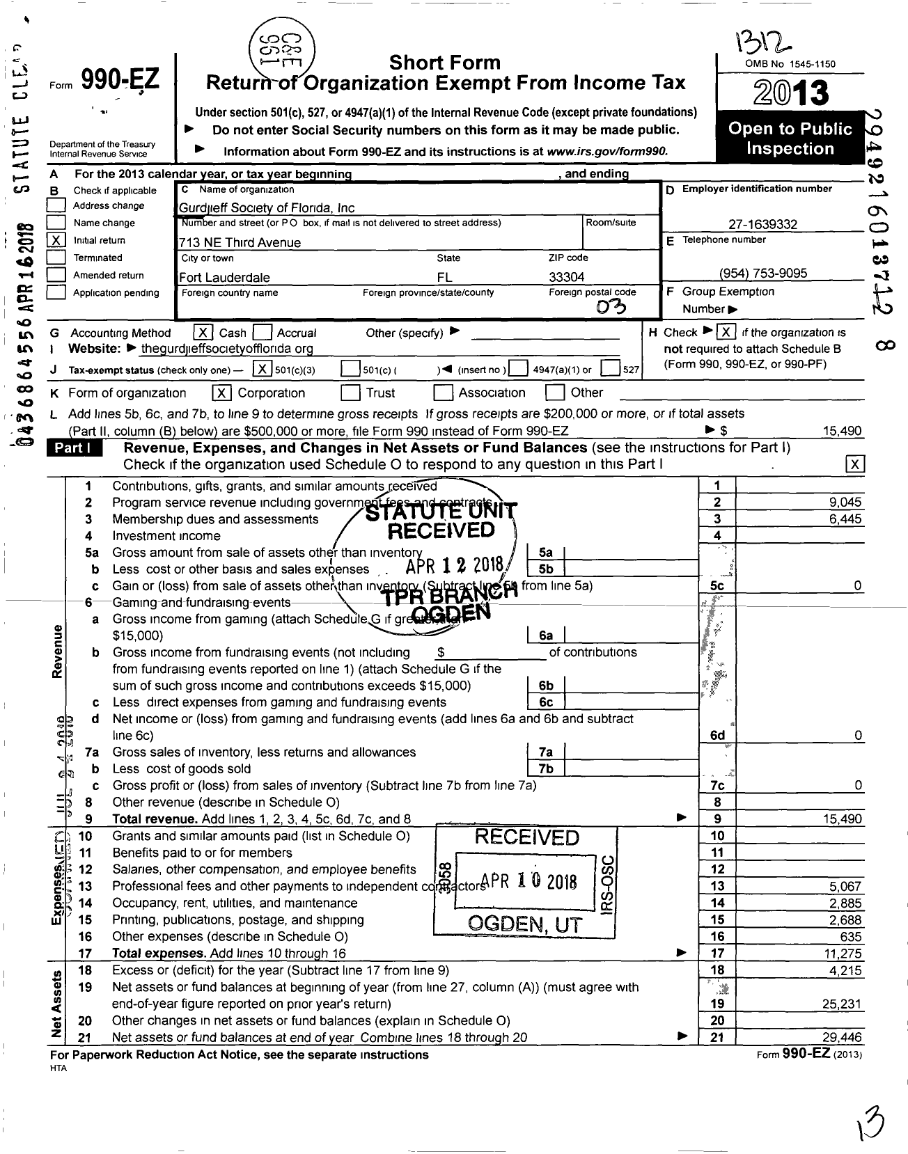 Image of first page of 2013 Form 990EZ for Gurdjieff Society of Florida