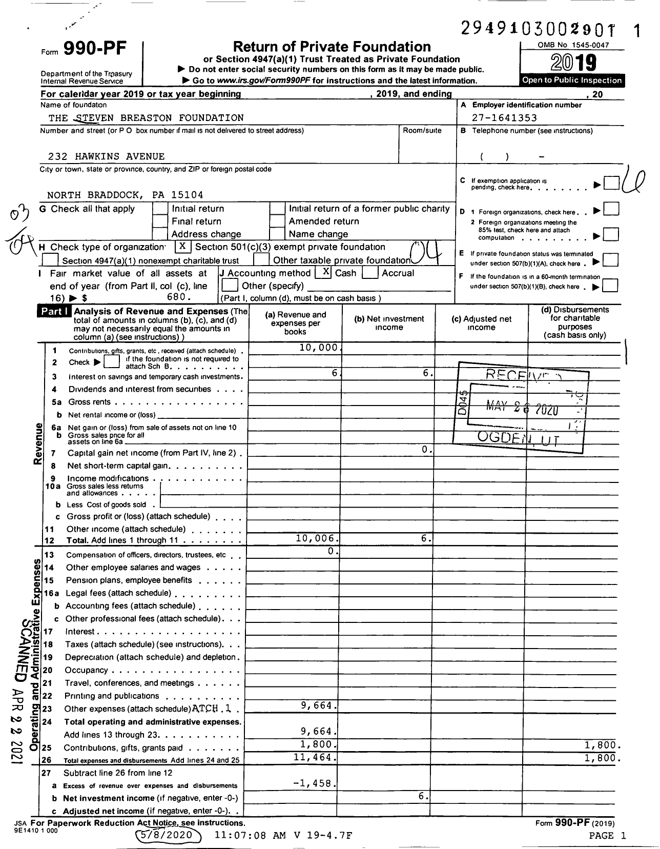 Image of first page of 2019 Form 990PF for The Steven Breaston Foundation