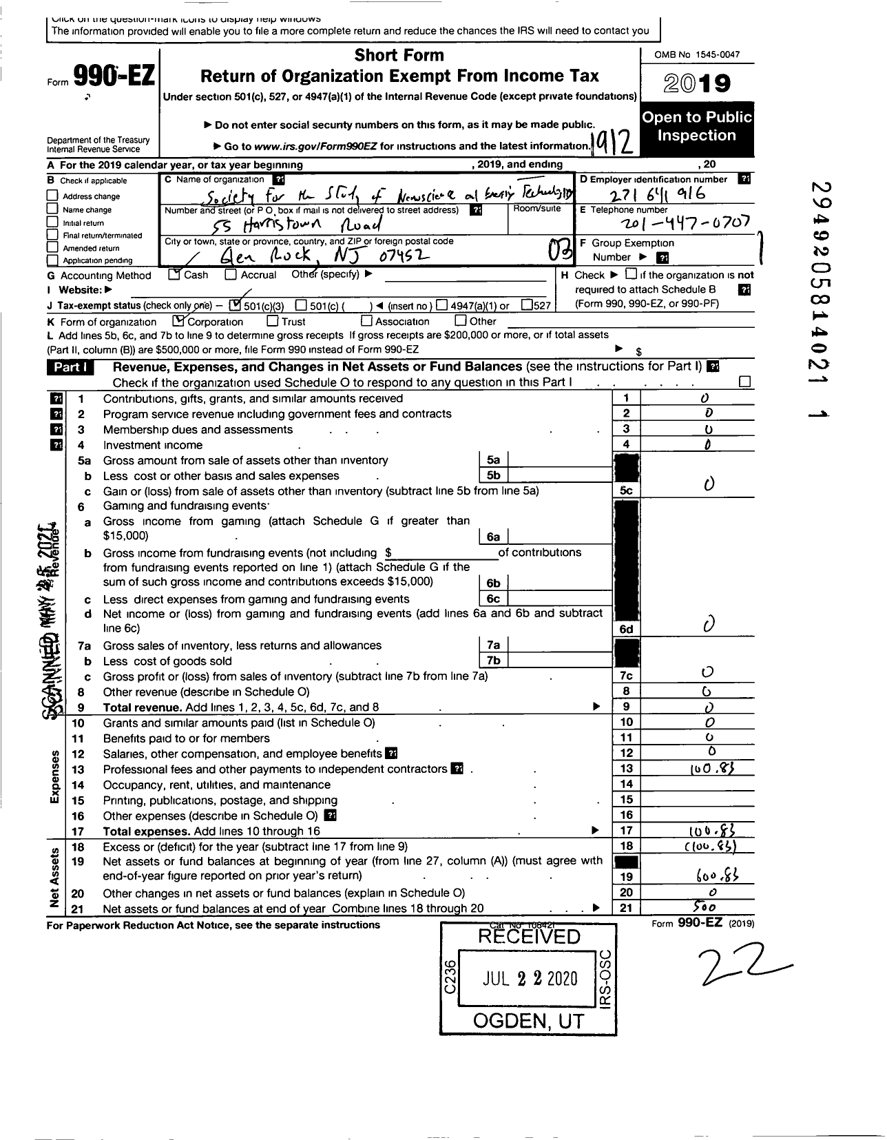 Image of first page of 2019 Form 990EZ for Society for the Study of Nanoscience and Emerging Technologies