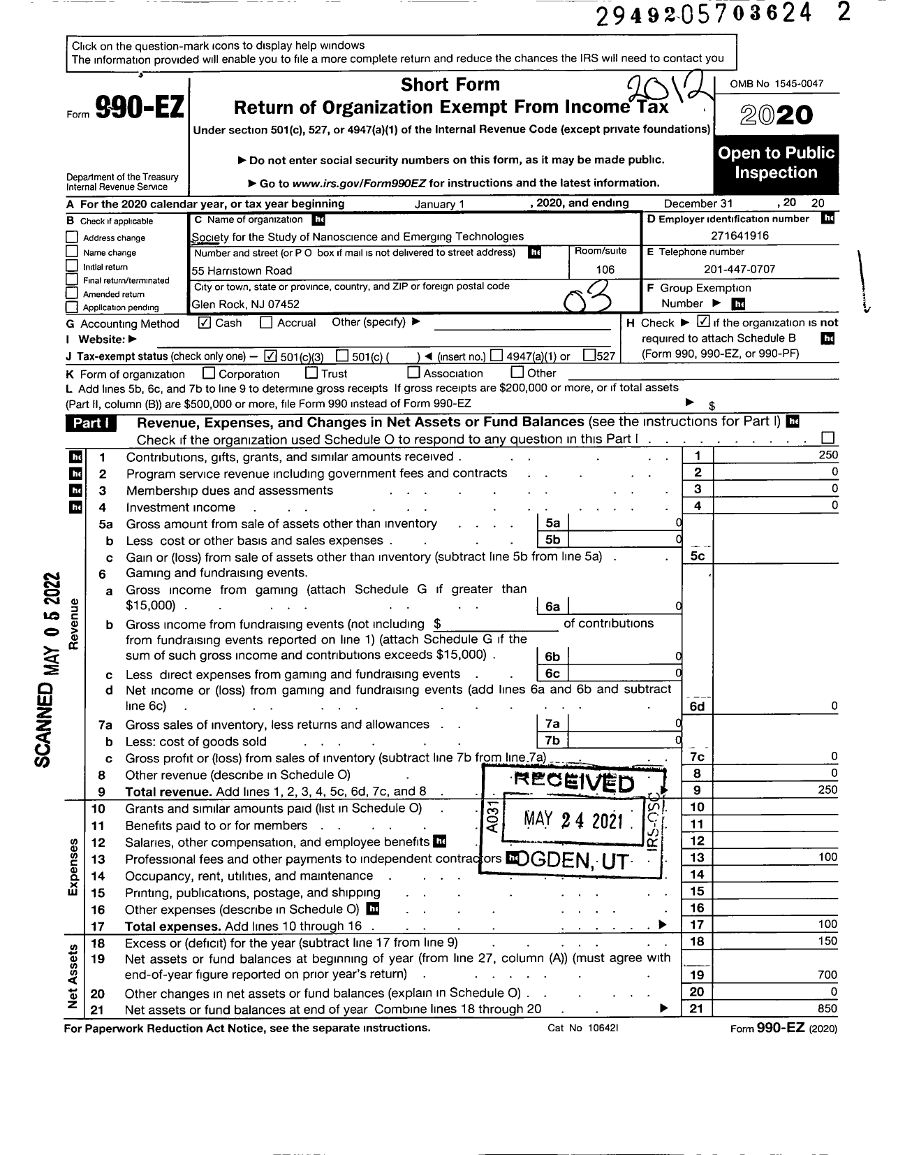 Image of first page of 2020 Form 990EZ for Society for the Study of Nanoscience and Emerging Technologies