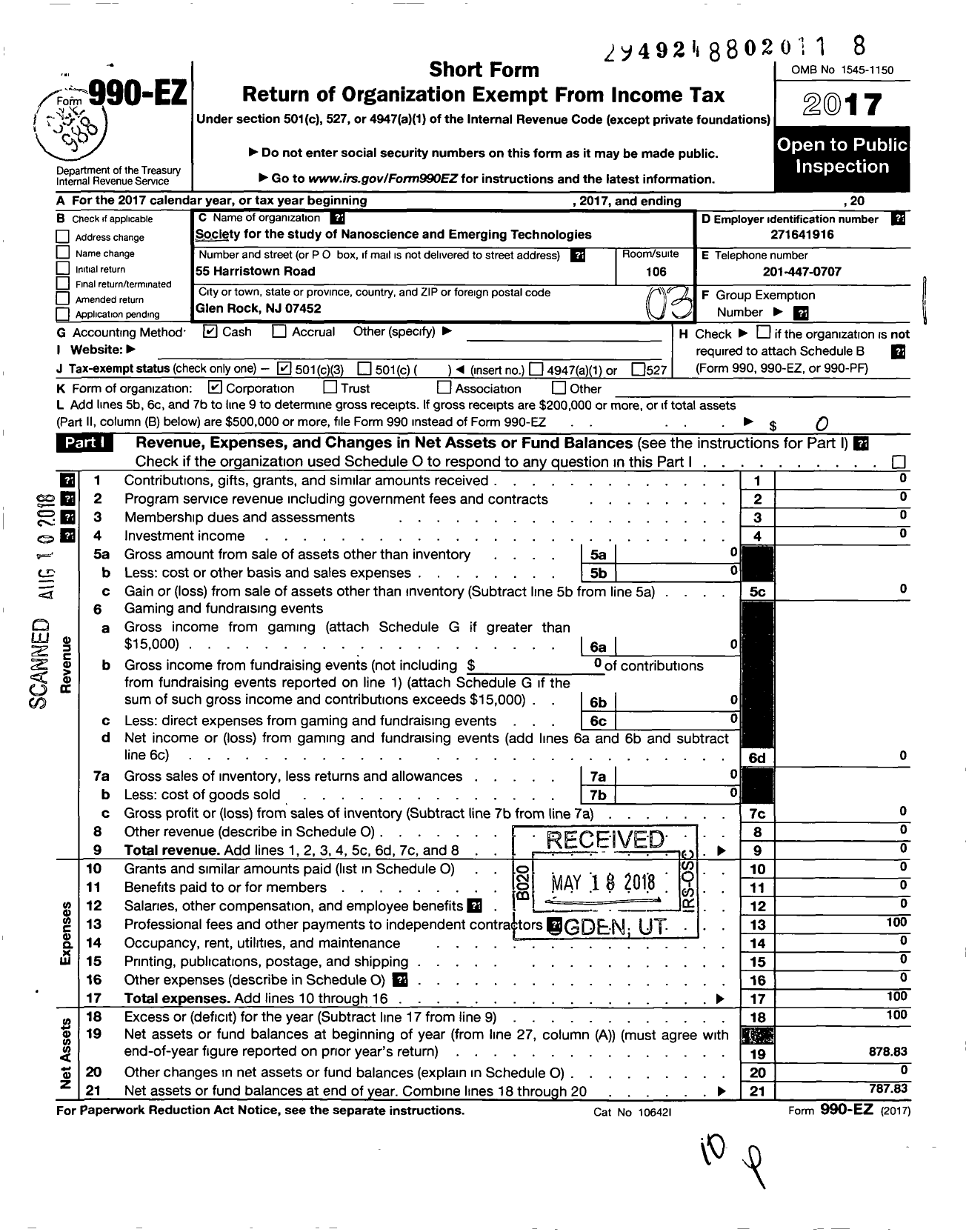 Image of first page of 2017 Form 990EZ for Society for the Study of Nanoscience and Emerging Technologies